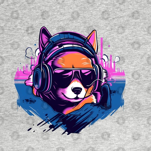 Shiba Inu wears headphones - synth wave style by ro83land